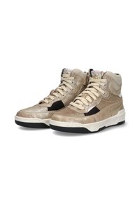 Hoge sneakers in metallic goud met beige accenten. Getextureerde oppervlakte, witte veters en een zwarte rubberen zool met patroon.