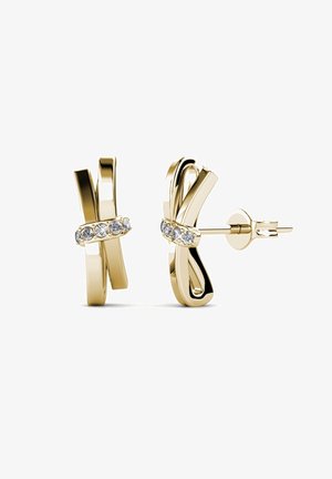 Orecchini color oro con design intrecciato. Presentano cinque pietre preziose trasparenti incastonate in una banda al centro. Chiusura a perno a pressione.