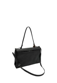 Czarna skórzana torebka o prostokątnym kształcie, cienkim uchwycie górnym, odpinanym pasku na ramię i subtelnej fakturze. Posiada zamek błyskawiczny i kieszonkę z przodu.