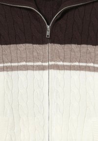 Sudadera de punto con cremallera y patrón de trenzas, con rayas en marrón oscuro, topo y crema. Tejido texturizado con bolsillos frontales. Detalle de cremallera plateada.