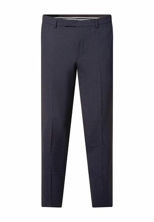Marineblaues Hosen aus strukturiertem Stoff, mit geradem Schnitt, Gürtelschlaufen und seitlichen Taschen, versehen mit einem dezenten Karomuster.