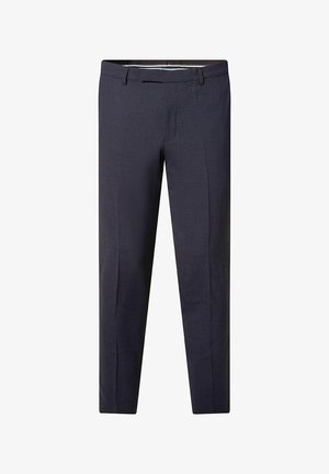 Marineblauwe pantalon van gestructureerde stof, met een rechte snit, riemlussen en zijzakken, en een subtiel ruitpatroon.