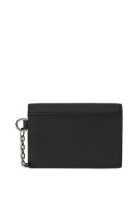 Black leather cardholder with a textured finish, featuring a silver metal chain attachment and a minimalist design with no visible logos or patterns.