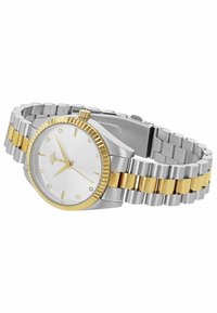 Silberne und goldene Armbanduhr aus Edelstahl mit rundem Zifferblatt, weißem Zifferblatt, goldfarbenem Lünette und Diamant-Stundenmarkierungen an einem Gliederarmband.