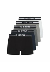 Boxers pour hommes G-STAR dans un pack de cinq, avec des couleurs variées : noir, marine, gris, blanc et gris clair, dotés de ceintures de marque.