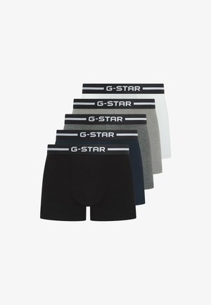 G-STAR men's boxer briefs in a pack of five, featuring varying colors: black, navy, grey, white, and light grey, with branded waistbands.