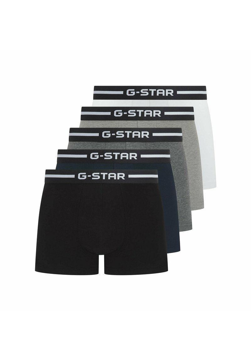 Boxers pour hommes G-STAR dans un pack de cinq, avec des couleurs variées : noir, marine, gris, blanc et gris clair, dotés de ceintures de marque.
