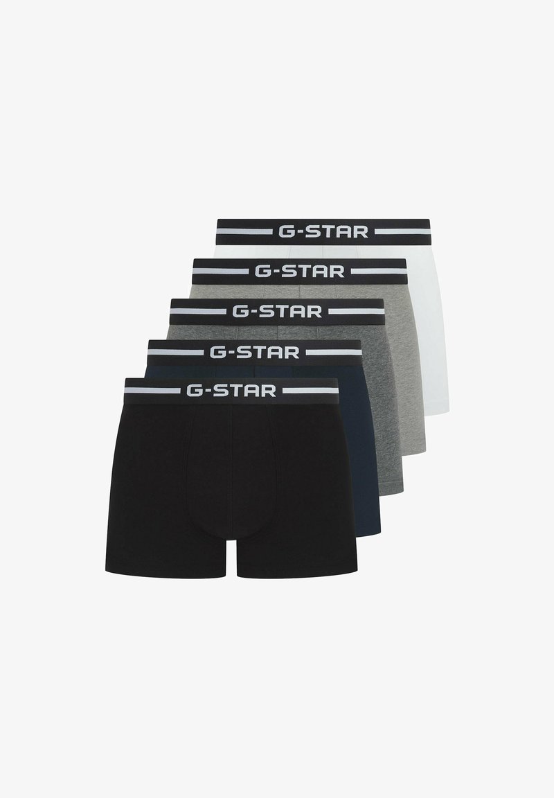 Boxers pour hommes G-STAR dans un pack de cinq, avec des couleurs variées : noir, marine, gris, blanc et gris clair, dotés de ceintures de marque.