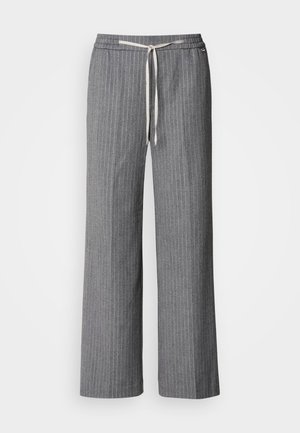 Gray pinstriped wide-leg trousers made from textured fabric. Features an elastic waistband with a cream drawstring.