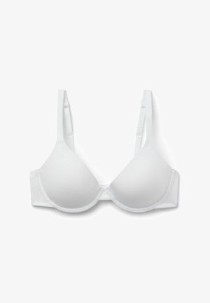 Weißer gepolsterter BH mit verstellbaren Trägern, glatter Textur und nahtlosem Design. Verfügt über einen Haken- und Ösenverschluss auf der Rückseite.