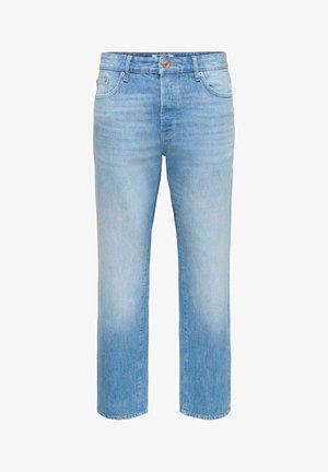 Jeans in denim blu chiaro con taglio a gamba dritta, caratterizzati dallo stile tradizionale a cinque tasche e chiusura con bottoni. Il tessuto ha una finitura scolorita.