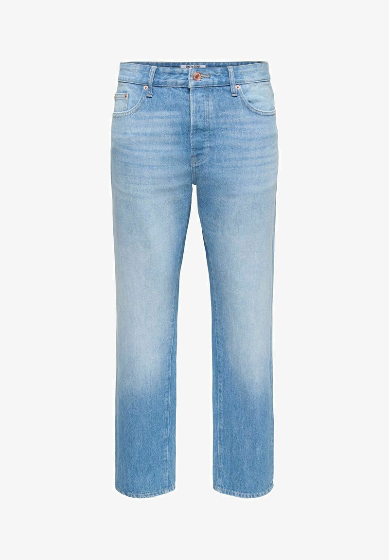 Šviesiai mėlynos spalvos džinsai iš džinso audinio su tiesiomis kojų apačiomis, turintys tradicinį penkių kišenių dizainą ir sagų užsegimą. Audinys turi nusitrynimo efektą.