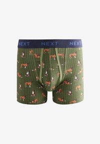 Grüne Boxershorts mit einem sich wiederholenden Hundemuster, ausgestattet mit einem marineblauen Elastikbund mit "NEXT"-Markierung. Hergestellt aus weichem, dehnbarem Material.