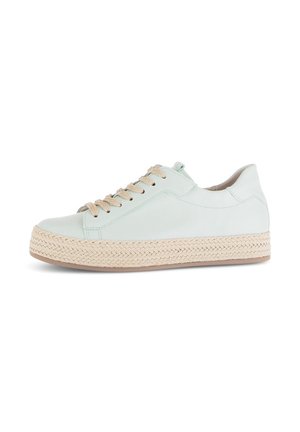 Lekki, miętowo-zielony skórzany sneaker z beżową, plecioną platformą i dopasowanymi beżowymi sznurowadłami, widok z boku na białym tle.