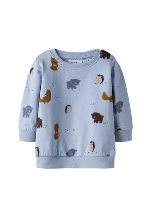 Hellblaues Sweatshirt mit einem Muster aus illustrierten Tieren, darunter ein Fuchs, Igel und Hunde, mit gerippten Bündchen und Saum.