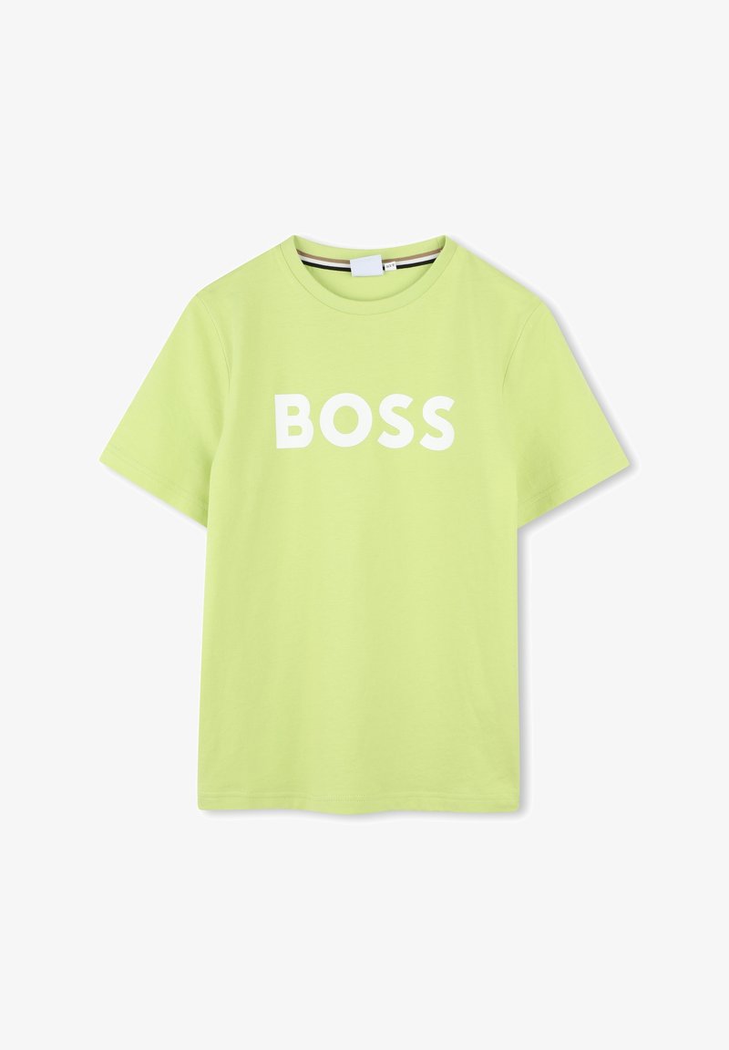 Gaiši zaļš īsām piedurknēm T-krekls, izgatavots no kokvilnas, ar izteiksmīgu baltu "BOSS" logo priekšpusē un apaļu dekoltē.