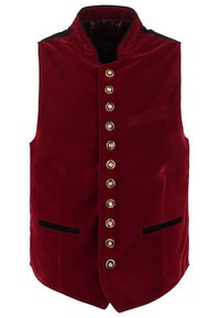 Red velvet vest with a high collar, gold buttons down the front, and black accents. Features two front pockets and a smooth texture.