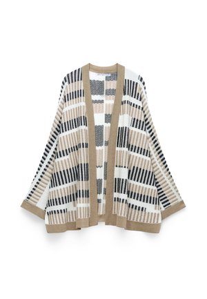 Cardigan tricoté à ouverture avant avec des motifs à rayures horizontales et verticales beiges, noires et blanches, bordé de beige aux poignets et aux bords.