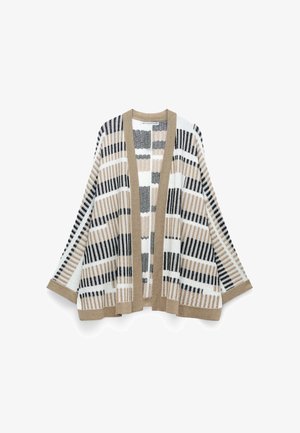 Cardigan tricoté à ouverture avant avec des motifs à rayures horizontales et verticales beiges, noires et blanches, bordé de beige aux poignets et aux bords.