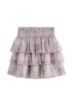 Kerroksellinen volanhame joustavalla vyötäröllä, jossa vaalealla kankaalla on hempeä kukkainen paisley-kuvio vaaleanpunaisissa, purppuran ja vihreissä sävyissä.