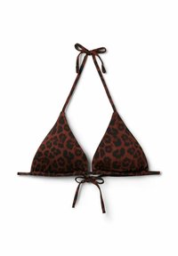 Hnědý bikiny vršek ve tvaru trojúhelníku s leopardím potiskem, se šňůrkami na zavazování a volánkovými okraji; vyrobený z hladké látky s lesklým povrchem.