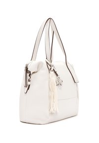 Borsa a tracolla bianca in pelle con forma strutturata, doppie maniglie, accessori in argento e un accento con nappina. Presenta cuciture a contrasto e una chiusura con zip.