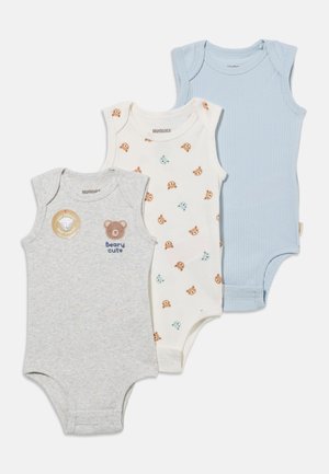Three sleeveless baby bodysuits in gray with bear design and text, white with bear pattern, and solid light blue, arranged overlapping.