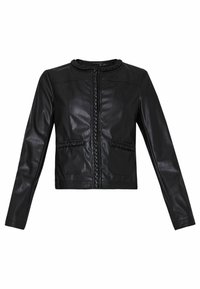 Czarna skórzana kurtka o dopasowanym kroju, z plecionymi detalami wzdłuż zamka oraz dwoma przednimi kieszeniami. Gładka faktura i minimalistyczny design.