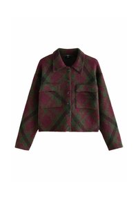 Plaid jacket featuring a burgundy and green color scheme, made of textured fabric, with two front pockets and black buttons.