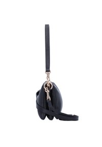 Borsa a tracolla in pelle nera con silhouette arrotondata, hardware dorato e tracolla removibile per opzioni di trasporto versatili.