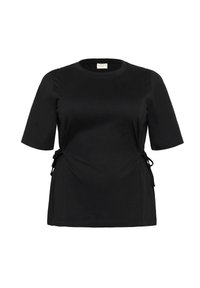 Camiseta negra de manga corta con escote redondo. Cuenta con cordones en los lados para un ajuste ajustable. Hecha de una tela suave y elástica.