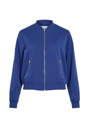Veste bleue bomber avec une fermeture éclair dorée à l'avant, deux poches latérales zippées, des poignets, un col et un ourlet côtelés.