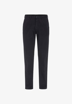 Mörkgrå bomullsbukser med rak passform, med knappstängning och bälteshällor. Slät yta och klassisk design.