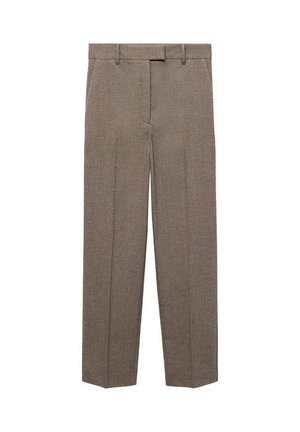 Brown tailored trousers with belt loops, front pockets, and a concealed front fastening, in a straight-leg cut.