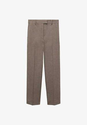 Brown tailored trousers with belt loops, front pockets, and a concealed front fastening, in a straight-leg cut.