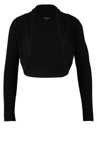 Schwarze, kurze Strickjacke mit langen Ärmeln, offenes Frontdesign, aus weichem Strickmaterial gefertigt, mit glatter Textur und ohne zusätzliche Verzierungen.