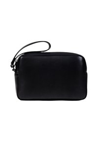 Borsetta a polso rettangolare nera in pelle con superficie testurizzata e manico ad anello singolo su sfondo bianco.