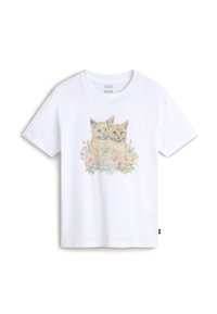 White cotton t-shirt featuring a watercolor illustration of two kittens surrounded by floral elements in soft pastel colors.