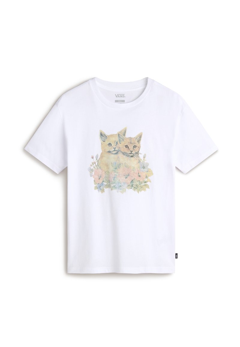 White cotton t-shirt featuring a watercolor illustration of two kittens surrounded by floral elements in soft pastel colors.