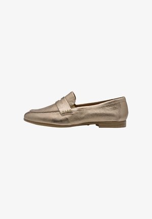 Metallic gold leather slip-on loafer with low wooden heel and stitched band detail across the upper.