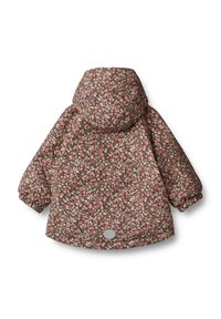 Jas met bloemenpatroon en een capuchon, met een bruine basis en kleine roze en crèmekleurige bloemen. Puffmouwen en een rond logo-accent op de achterkant.