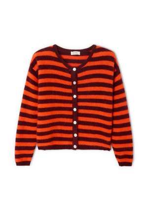 Striped cardigan made of soft fabric, featuring orange and dark red horizontal stripes, a V-neck, and six white buttons down the front.