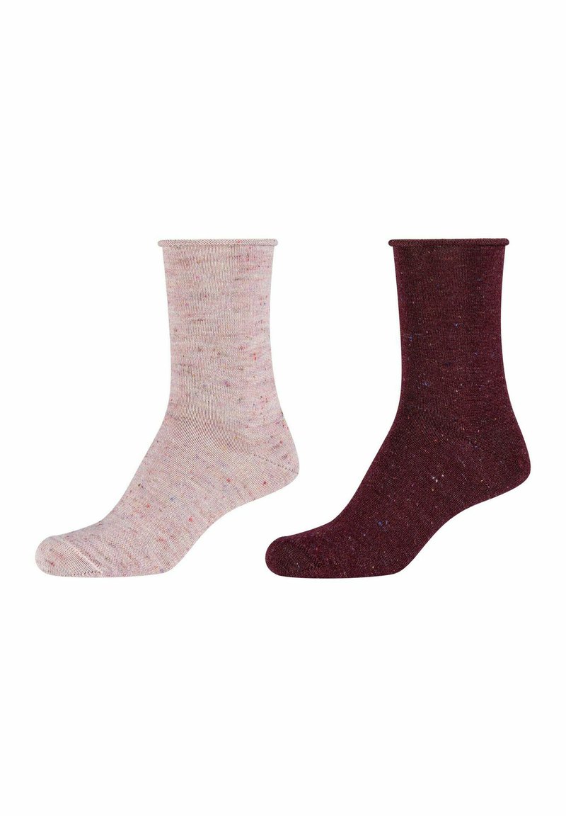 To sæt sokker: et lyserødt sæt med multicolore prikker og et mørkeburgunder sæt med matchende prikker. Cotton-blanding, ribbet top.