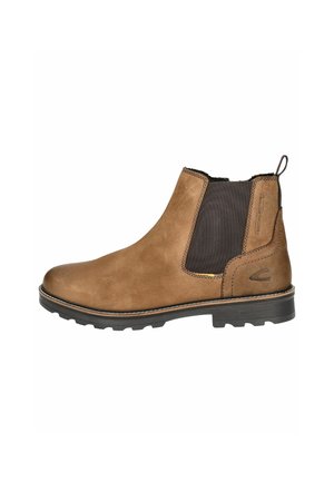 Bota Chelsea de cuero marrón con paneles elásticos en los costados y lengüeta; superficie texturizada, punta redonda y suela de goma negra resistente.