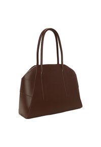 Braune Leder-Shopper-Tasche mit doppelten Griffen, eckigem Design, glatter Textur und einem Logo-Detail auf der Vorderseite. Mit einem Reißverschlussverschluss an der Oberseite.