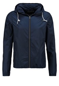 Marinblå lättviktsjacka med dragkedja framtill, justerbar huva med vita dragsnören, elastiska ärmslut och en slät, vattenavvisande yta.