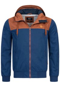 Veste à capuche bleue et marron avec fermeture éclair frontale, cordons de serrage, poignets et ourlet élastiqués, deux poches latérales zippées, et étiquette de marque à l'intérieur du col.