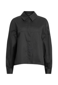 Camicia nera a maniche lunghe con colletto strutturato, chiusura con bottoni e sottili linee sulla parte anteriore. Realizzata in tessuto liscio e testurizzato.