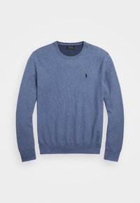 Pull bleu tricoté avec encolure ronde, poignets et ourlet côtelés. Présente un petit logo sombre sur le côté gauche de la poitrine et un tissu texturé.