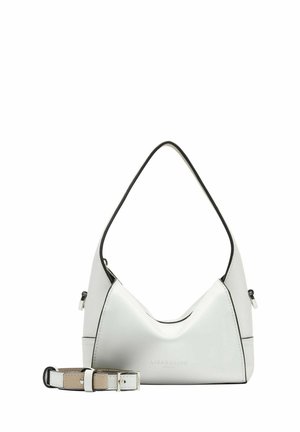 White leather handbag with a curved shape and black accents. Includes a detachable strap with a beige and white design. Logo on the front.